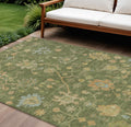9 X 12 Fern Green And Gold Floral Washable Indoor Outdoor Area Rug