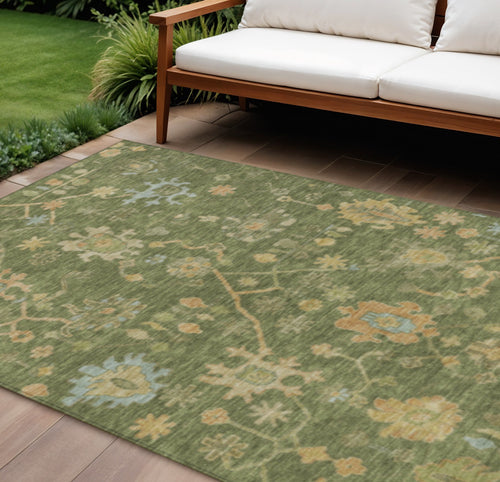 10 X 14 Fern Green And Gold Floral Washable Indoor Outdoor Area Rug