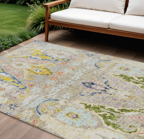 10 X 14 Beige Gold And Fern Green Floral Washable Indoor Outdoor Area Rug