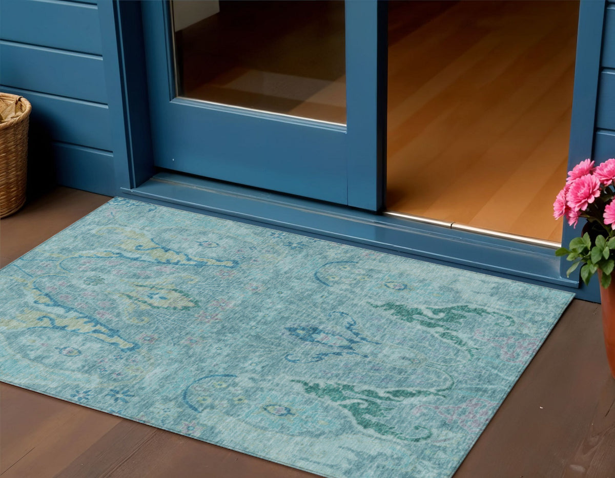 3 X 5 Blue Pale Aqua And Artichoke Green Floral Washable Indoor Outdoor Area Rug