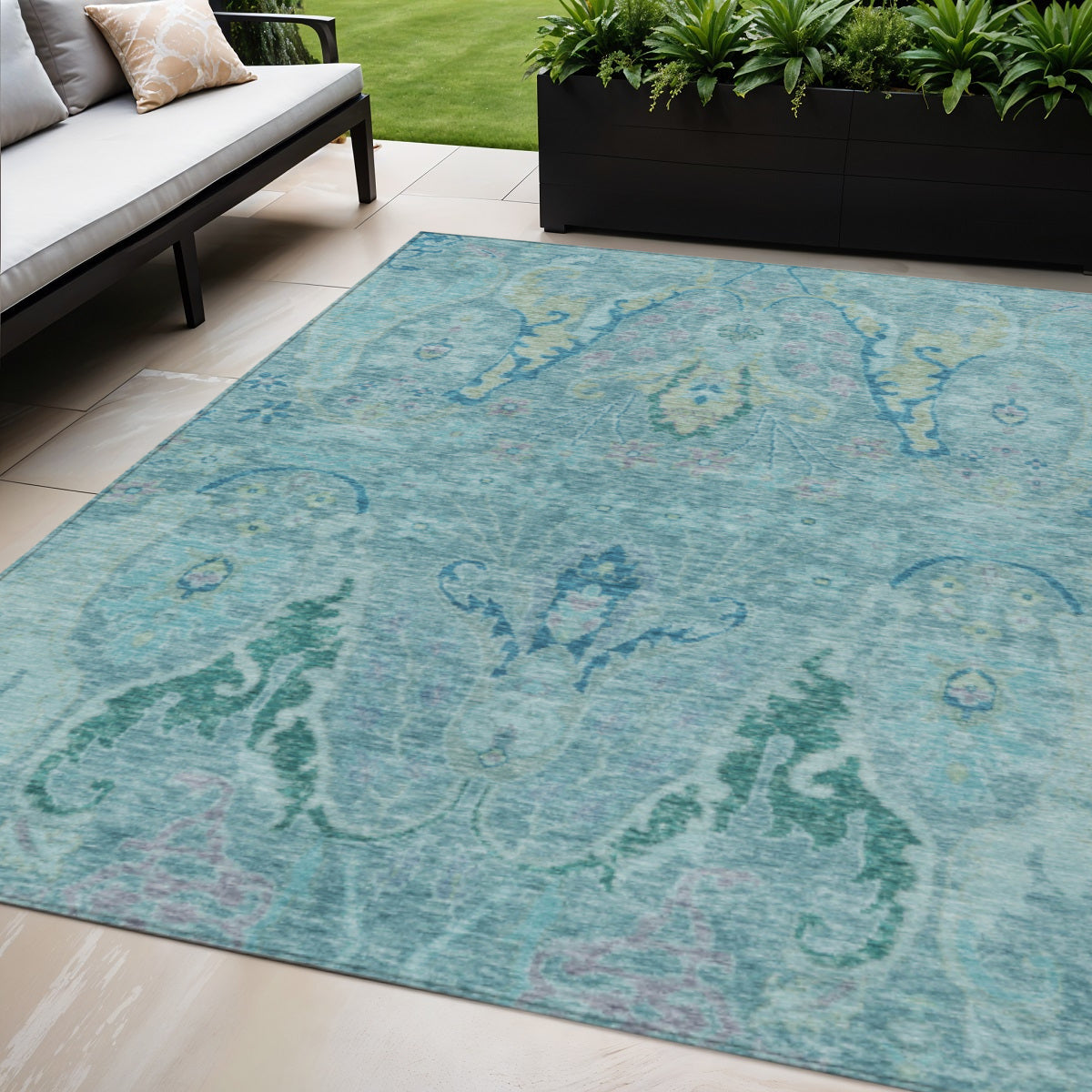 5 X 8 Blue Pale Aqua And Artichoke Green Floral Washable Indoor Outdoor Area Rug