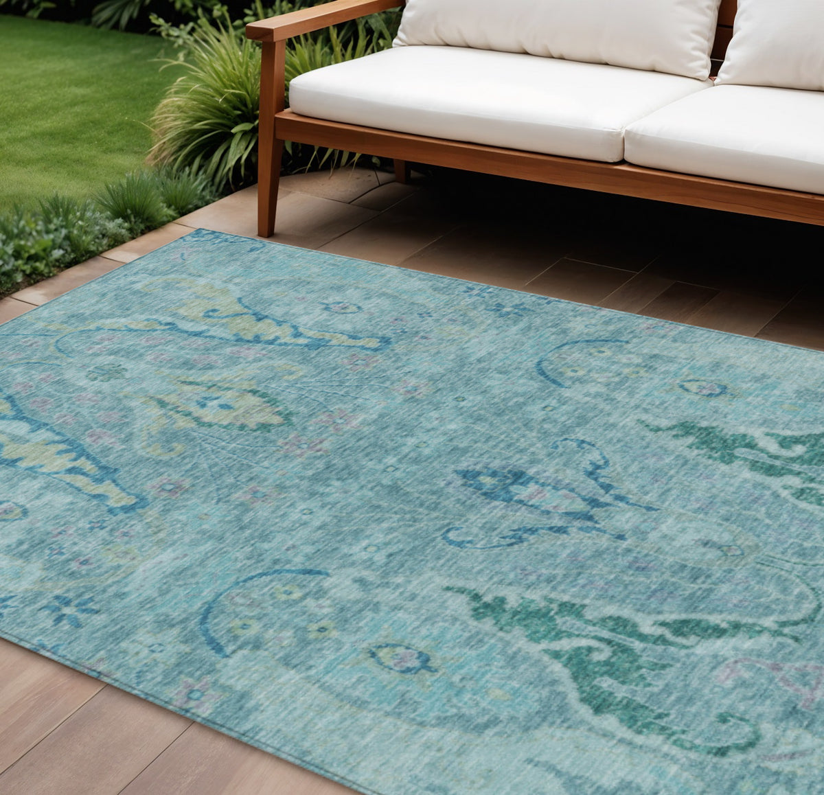 8 X 10 Blue Pale Aqua And Artichoke Green Floral Washable Indoor Outdoor Area Rug