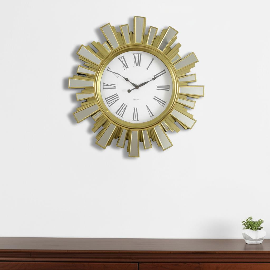 19'' Gold And Clear Mirrored Glass And Heavy Duty Plastic Silent Analog Sunburst Wall Clock