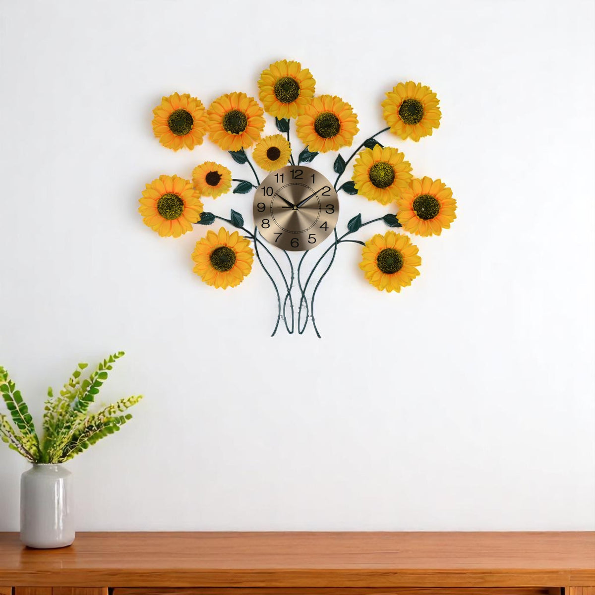 31'' Yellow Green And Gold Metal Silent Analog Sunflower Floral Wall Clock
