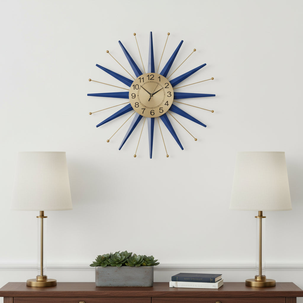 27 Blue And Gold Metal Silent Analog Starburst Wall Clock