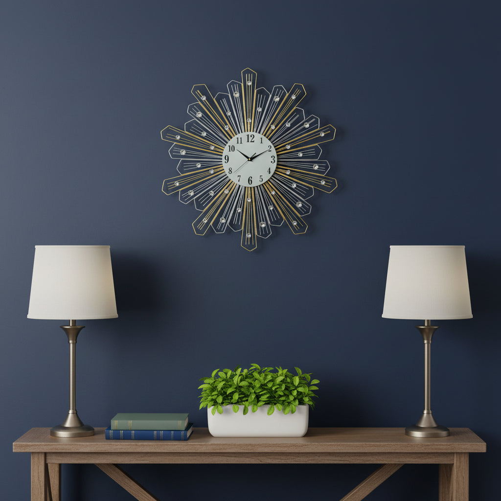 27 Gold Silver And Metal And Faux Crystals Silent Analog Sunburst Wall Clock
