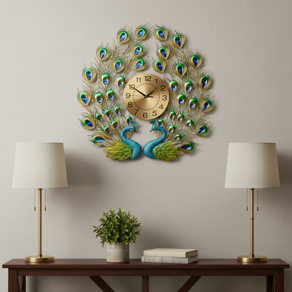 25 Blue Green And Gold Metal Silent Analog Peacock Novelty Wall Clock