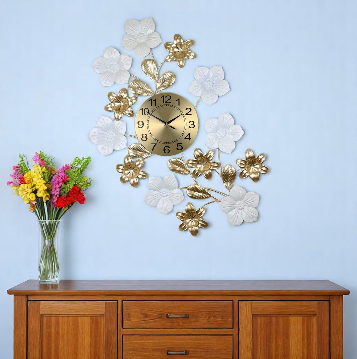 26'' Gold White And Black Metal Silent Analog Floral Wall Clock