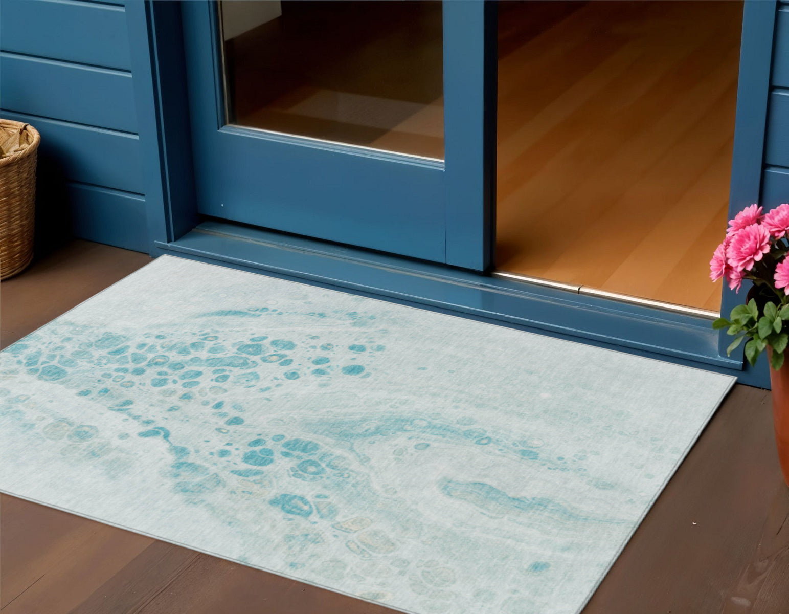 3 X 5 Teal Blue And Pale Aqua Abstract Washable Indoor Outdoor Area Rug