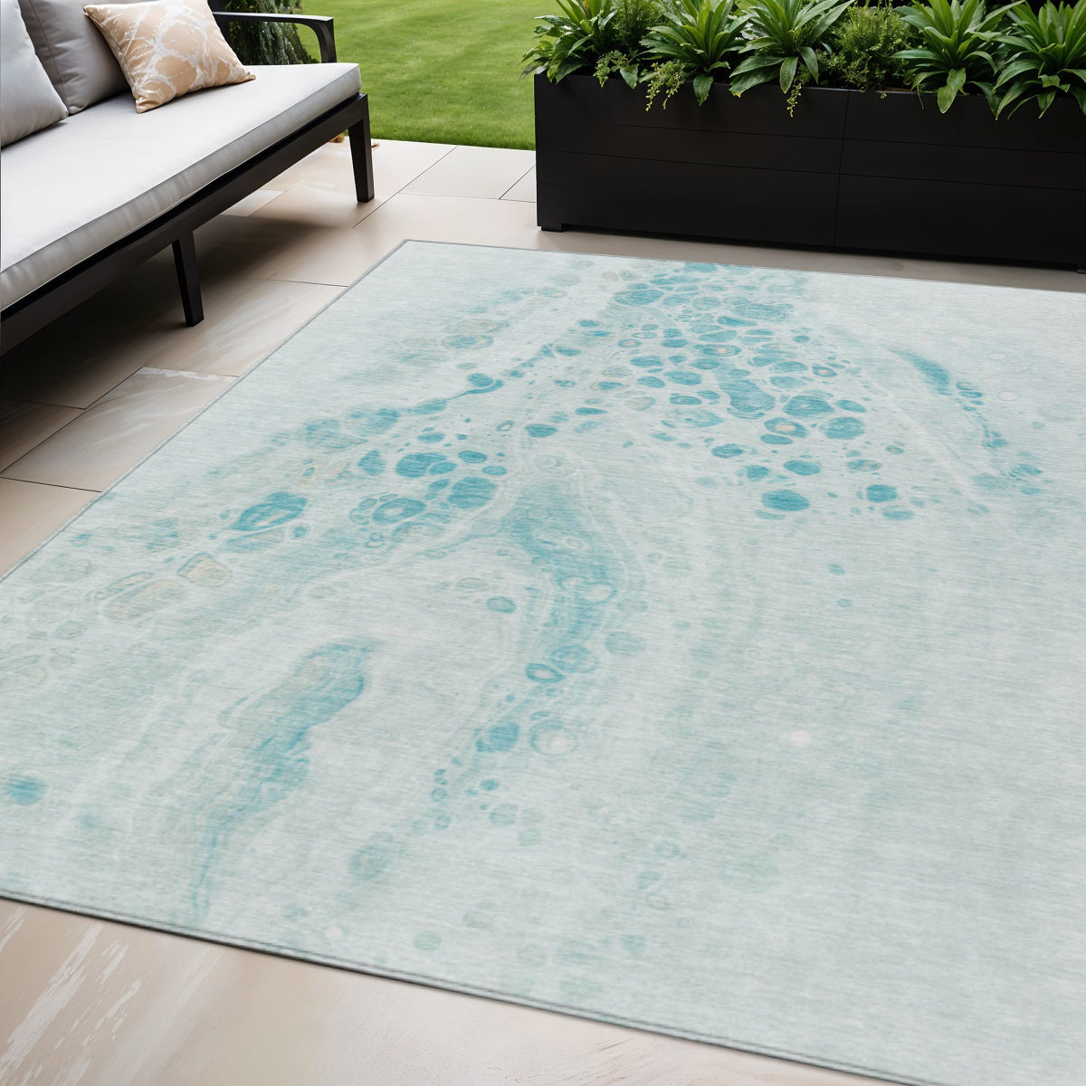 5 X 8 Teal Blue And Pale Aqua Abstract Washable Indoor Outdoor Area Rug