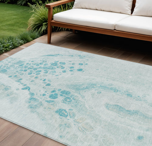 10 X 14 Teal Blue And Pale Aqua Abstract Washable Indoor Outdoor Area Rug