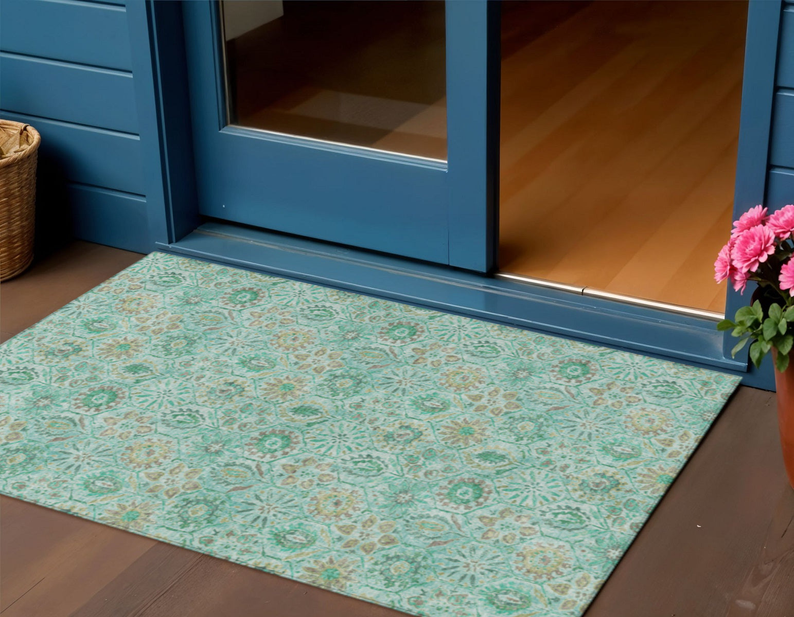 3 X 5 Aqua And Beige Floral Washable Indoor Outdoor Area Rug