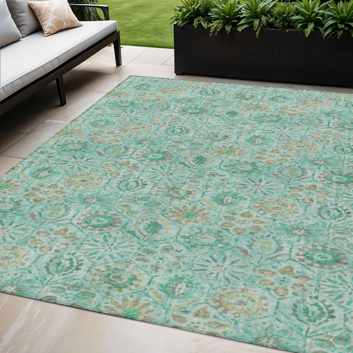 5 X 8 Aqua And Beige Floral Washable Indoor Outdoor Area Rug