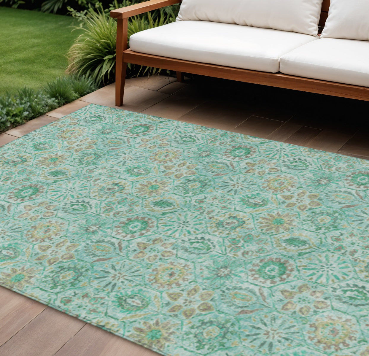 8 X 10 Aqua And Beige Floral Washable Indoor Outdoor Area Rug