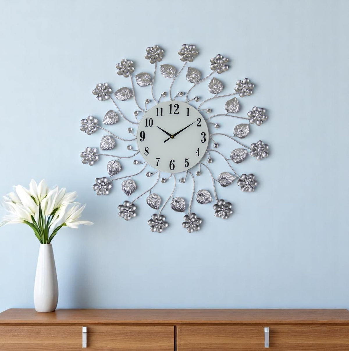 27'' Silver White And Black Metal and Glass Silent Analog Floral Round Wall Clock