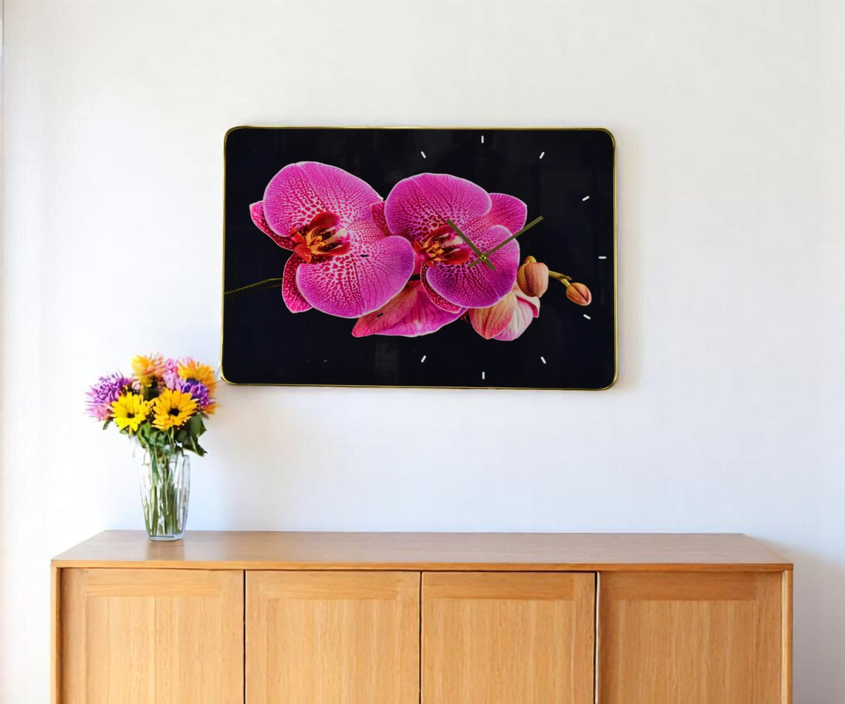 24'' Pink Black And Gold Solid Wood and Acrylic Silent Orchids Floral Wall Clock