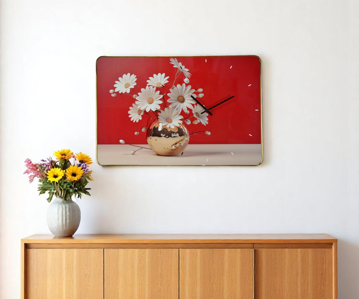 24'' Gold Red And White Solid Wood and Acrylic Silent Daisies Floral Wall Clock