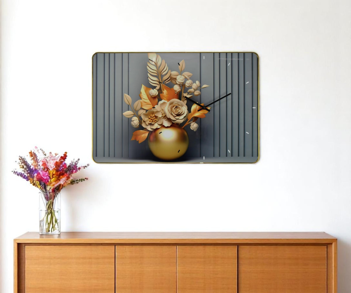 24'' Beige Gold And Gray Solid Wood and Acrylic Silent Analog Floral Wall Clock