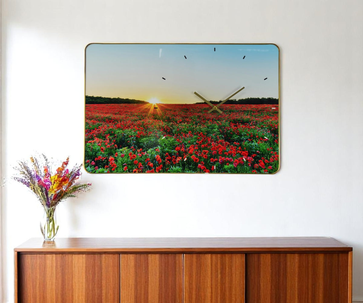 24'' Red Blue And Gold Solid Wood and Acrylic Silent Poppies Floral Wall Clock