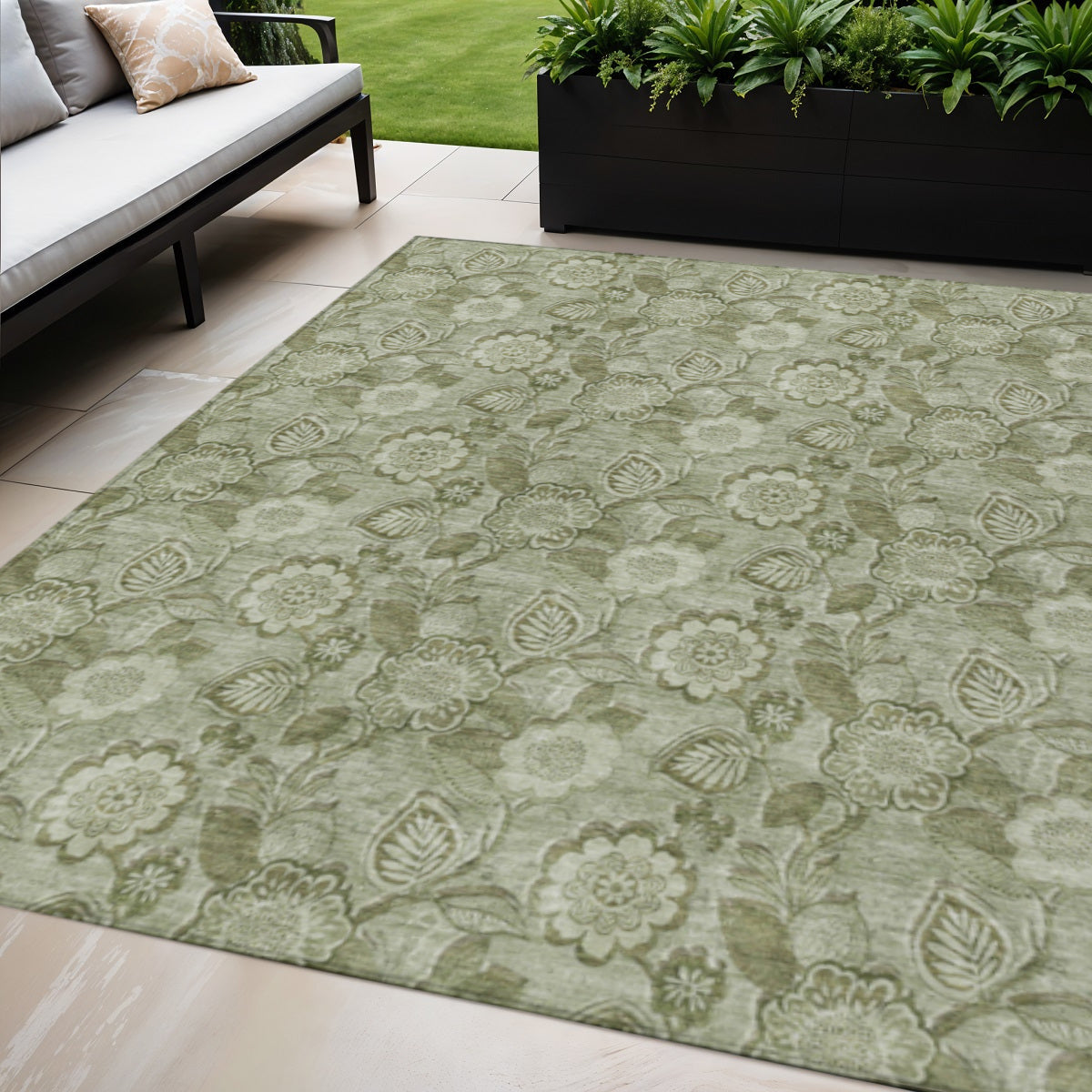 5 X 8 Artichoke Green And Fern Green Floral Washable Indoor Outdoor Area Rug
