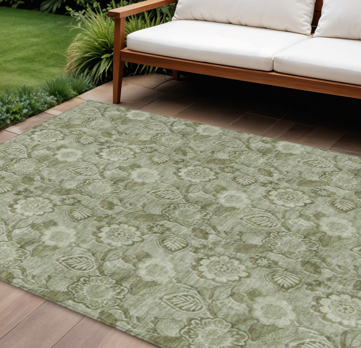 9 X 12 Artichoke Green And Fern Green Floral Washable Indoor Outdoor Area Rug