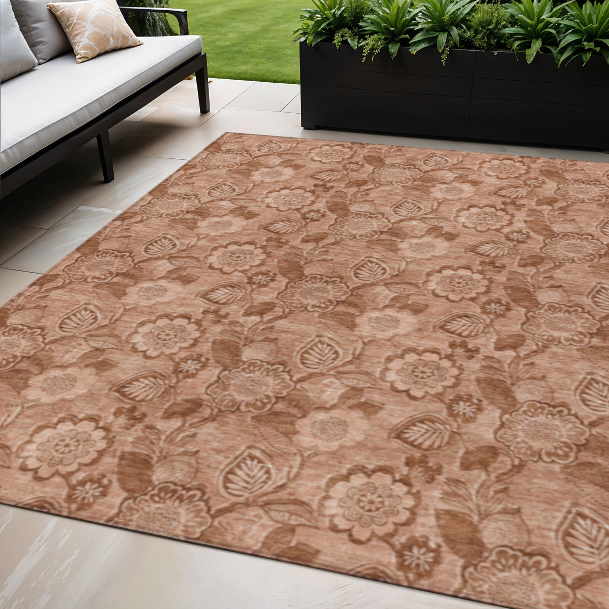 5 X 8 Terra Cotta And Copper Floral Washable Indoor Outdoor Area Rug