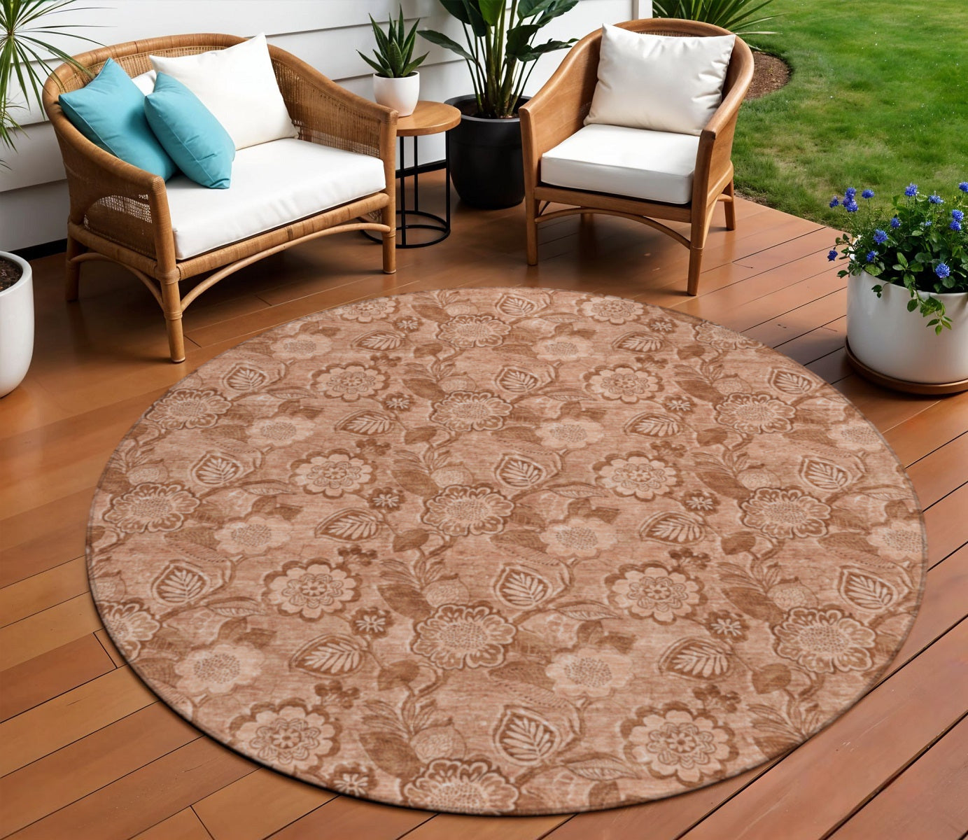 8 Terra Cotta And Copper Round Floral Washable Indoor Outdoor Area Rug
