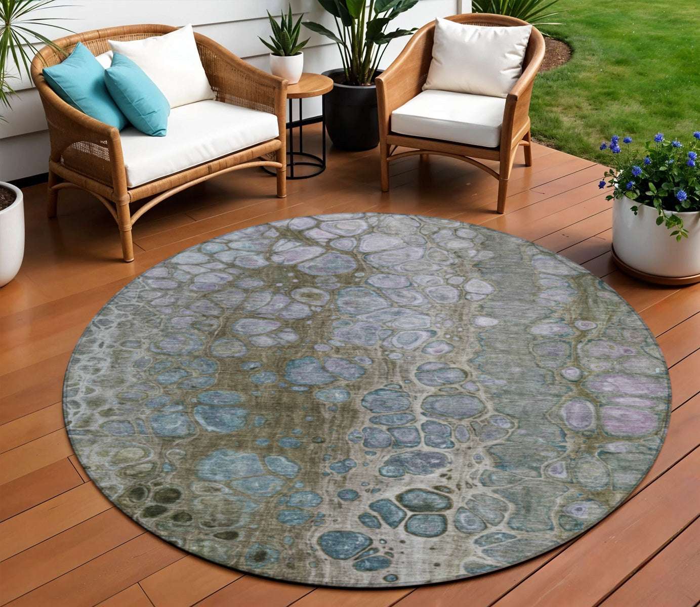 8 Brown And Gray Round Abstract Washable Indoor Outdoor Area Rug