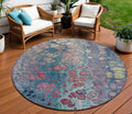 8 Teal Blue And Plum Round Abstract Washable Indoor Outdoor Area Rug