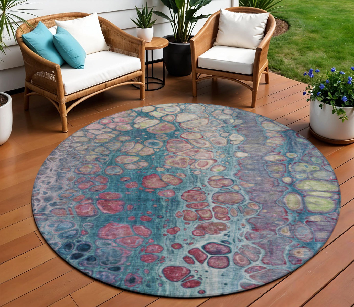 8 Teal Blue And Plum Round Abstract Washable Indoor Outdoor Area Rug