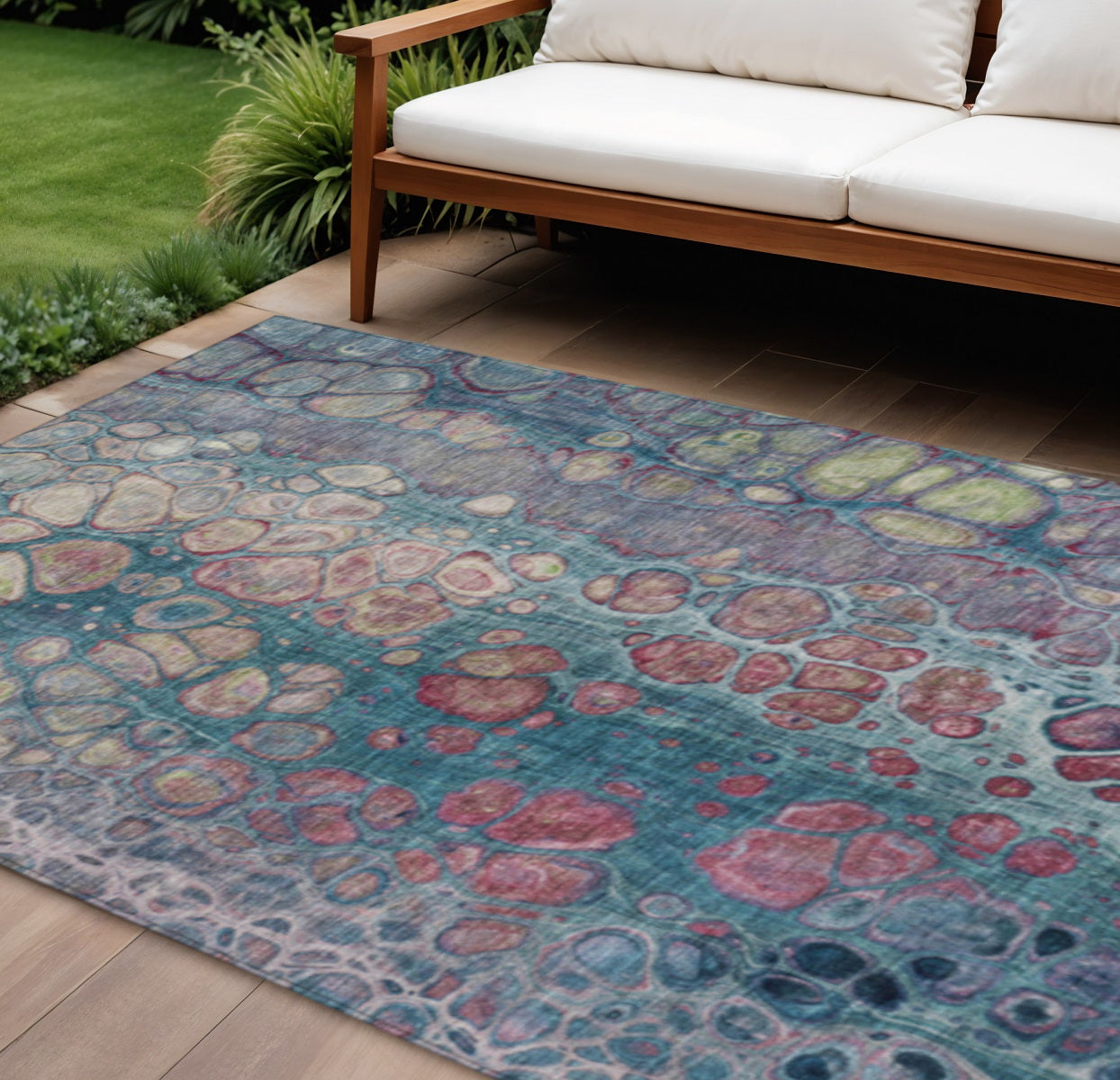 8 X 10 Teal Blue And Plum Abstract Washable Indoor Outdoor Area Rug