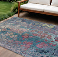 10 X 14 Teal Blue And Plum Abstract Washable Indoor Outdoor Area Rug