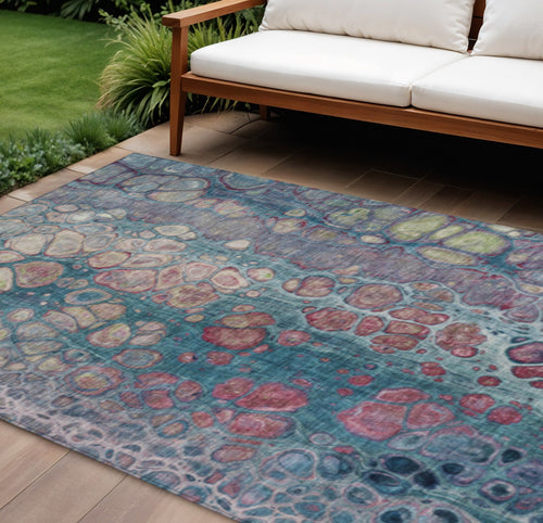 10 X 14 Teal Blue And Plum Abstract Washable Indoor Outdoor Area Rug