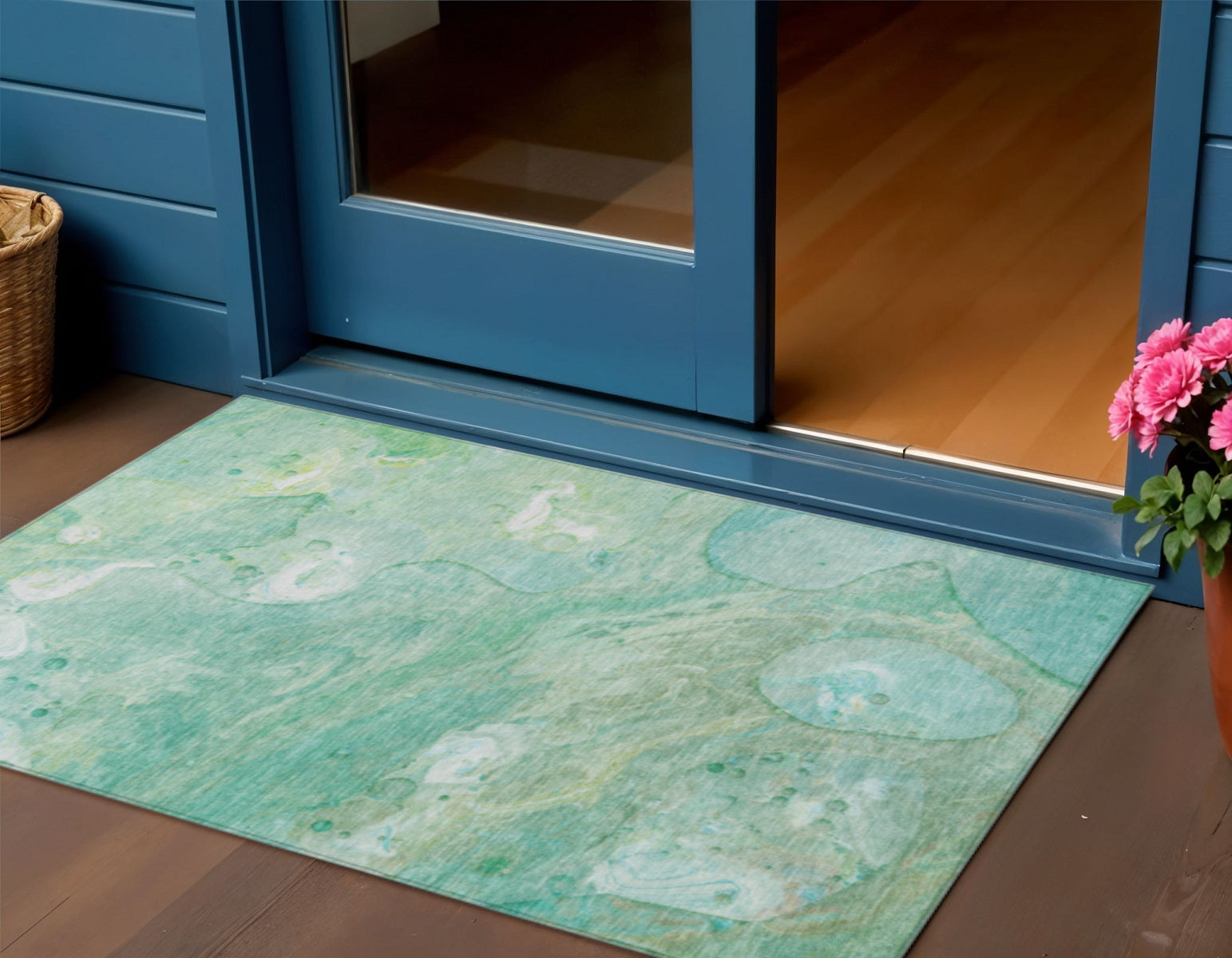 3 X 5 Teal Blue Mint Green And Ivory Abstract Washable Indoor Outdoor Area Rug