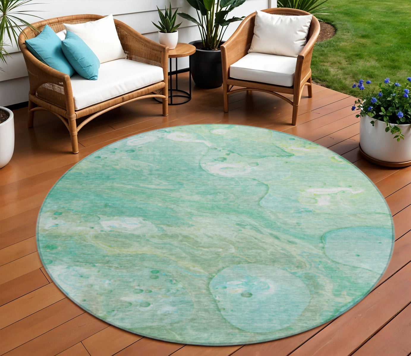 8 Teal Blue Mint Green And Ivory Round Abstract Washable Indoor Outdoor Area Rug