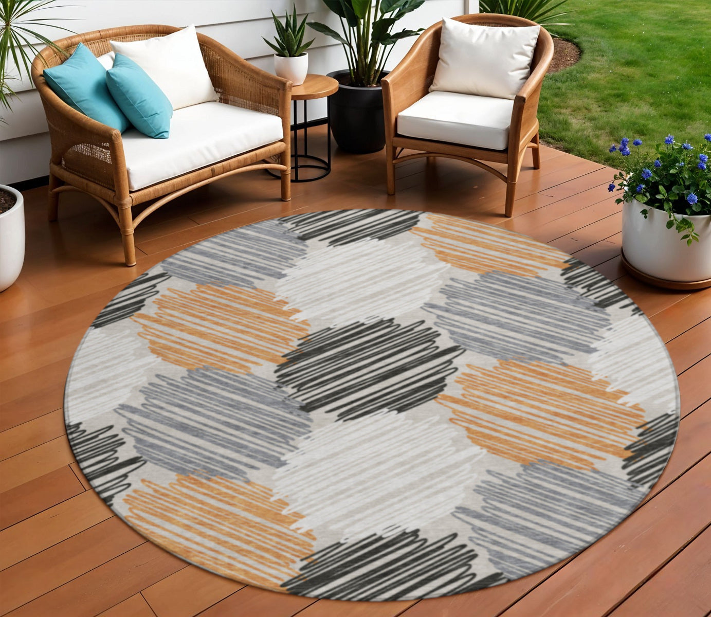 8 Copper Ivory And Gray Round Geometric Washable Indoor Outdoor Area Rug