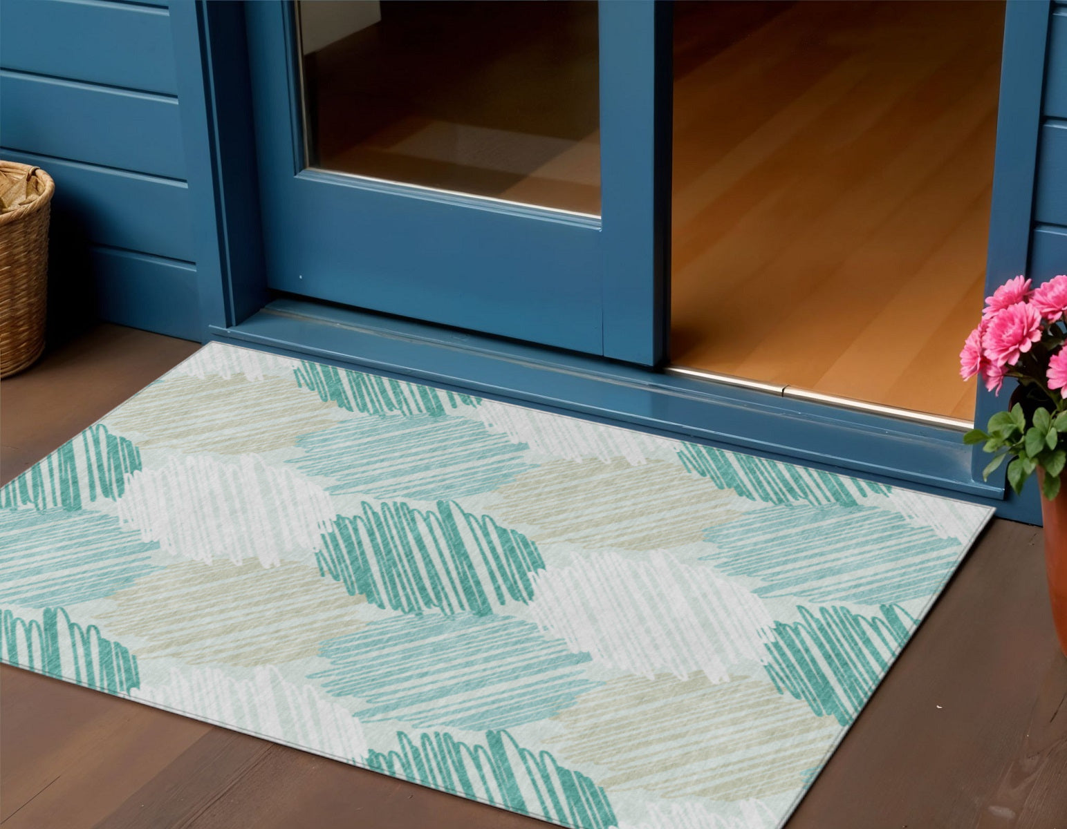 3 X 5 Teal Blue Ivory And Taupe Geometric Washable Indoor Outdoor Area Rug