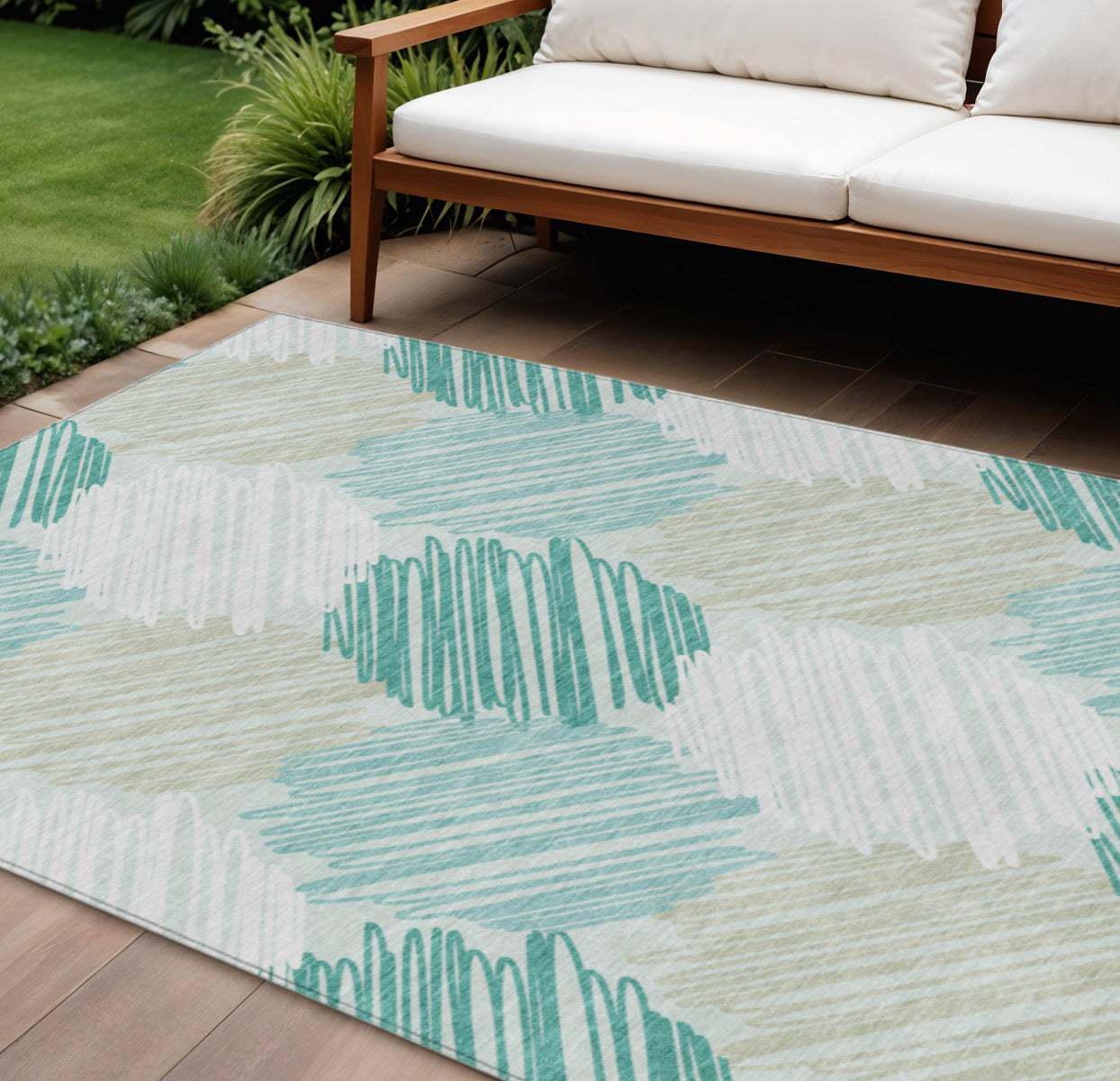 8 X 10 Teal Blue Ivory And Taupe Geometric Washable Indoor Outdoor Area Rug