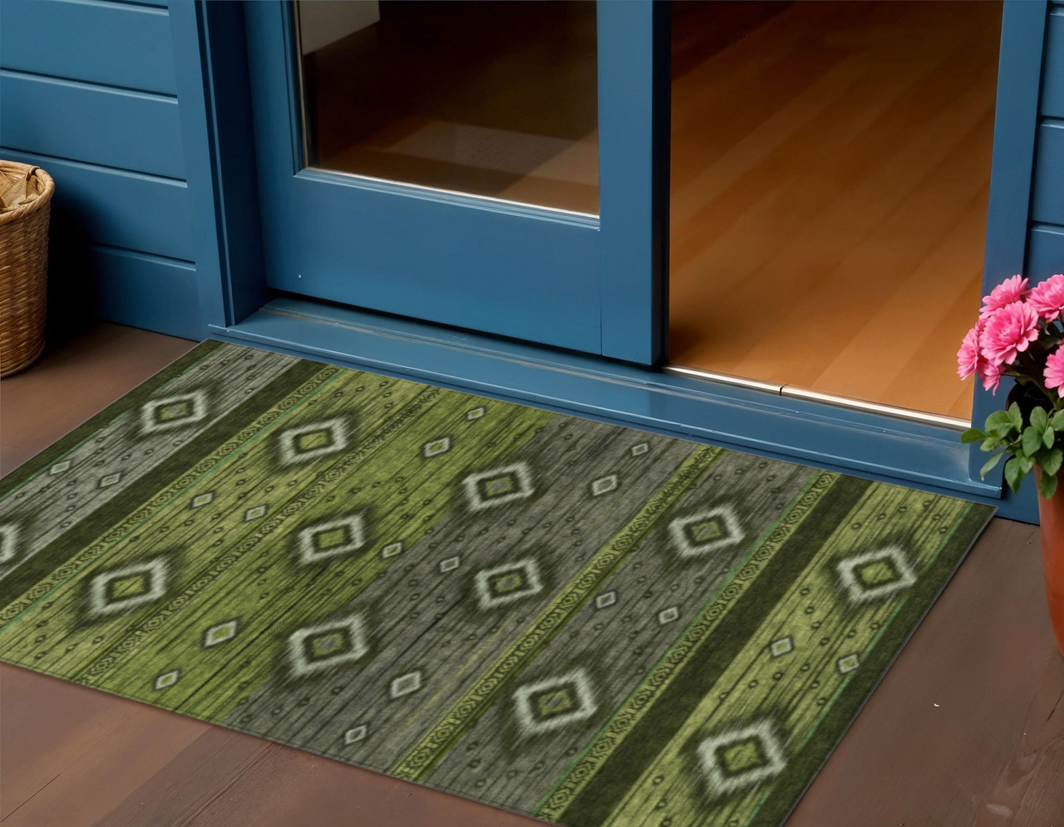 3 X 5 Artichoke Green Gray And Fern Green Tribal Washable Indoor Outdoor Area Rug