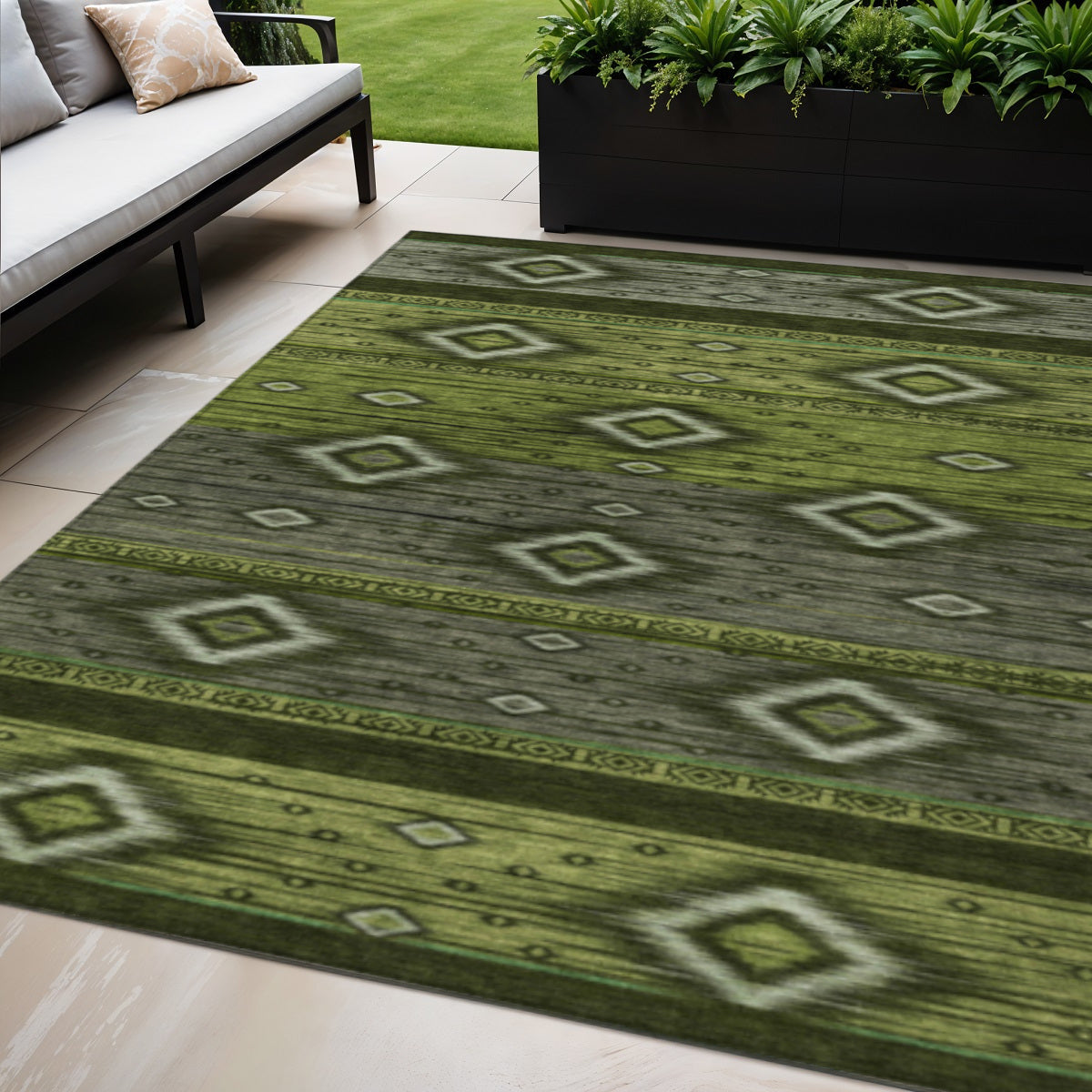 5 X 8 Artichoke Green Gray And Fern Green Tribal Washable Indoor Outdoor Area Rug