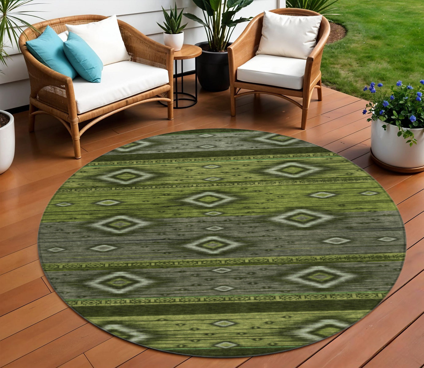 8 Artichoke Green Gray And Fern Green Round Tribal Washable Indoor Outdoor Area Rug