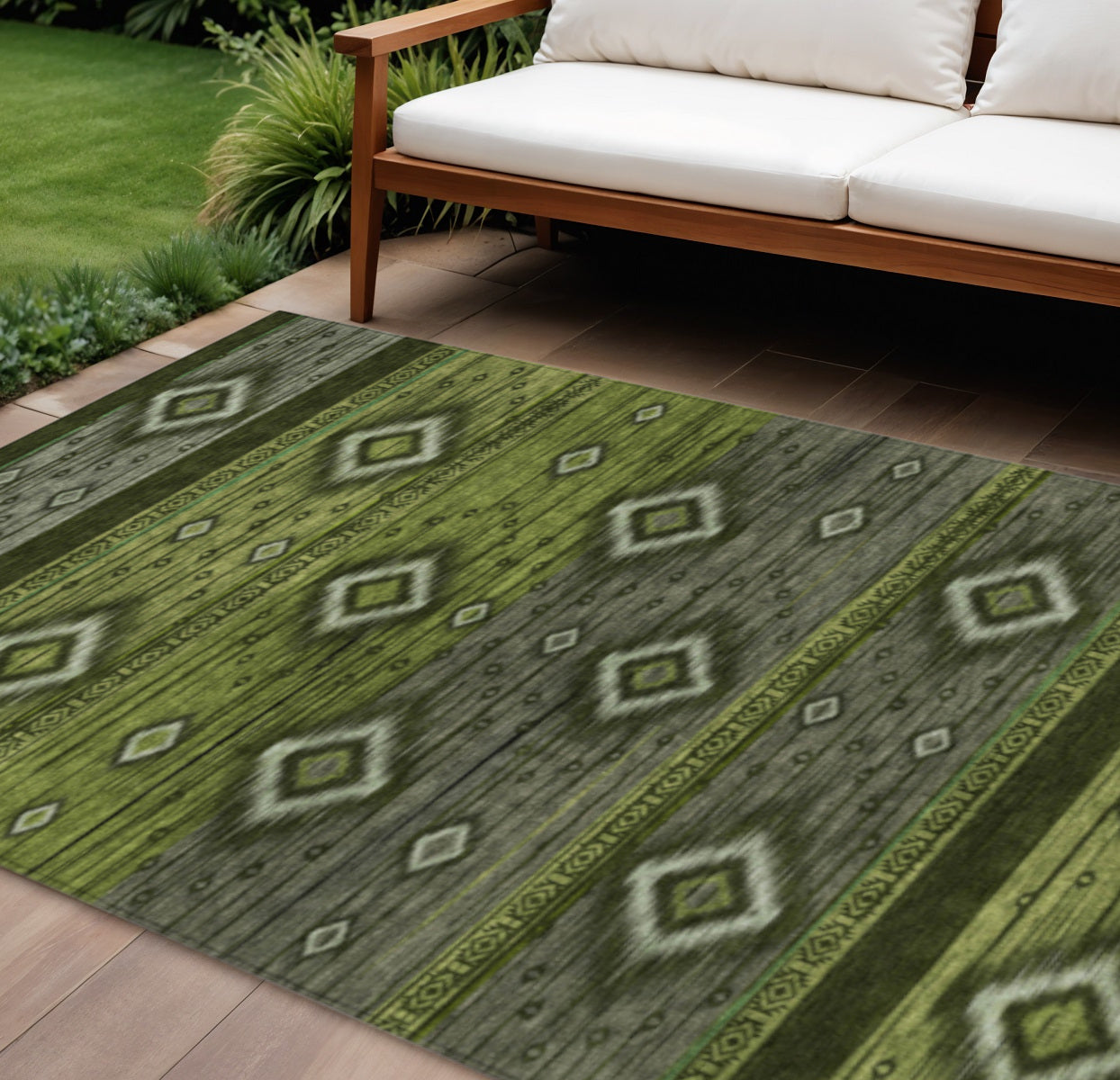 9 X 12 Artichoke Green Gray And Fern Green Tribal Washable Indoor Outdoor Area Rug