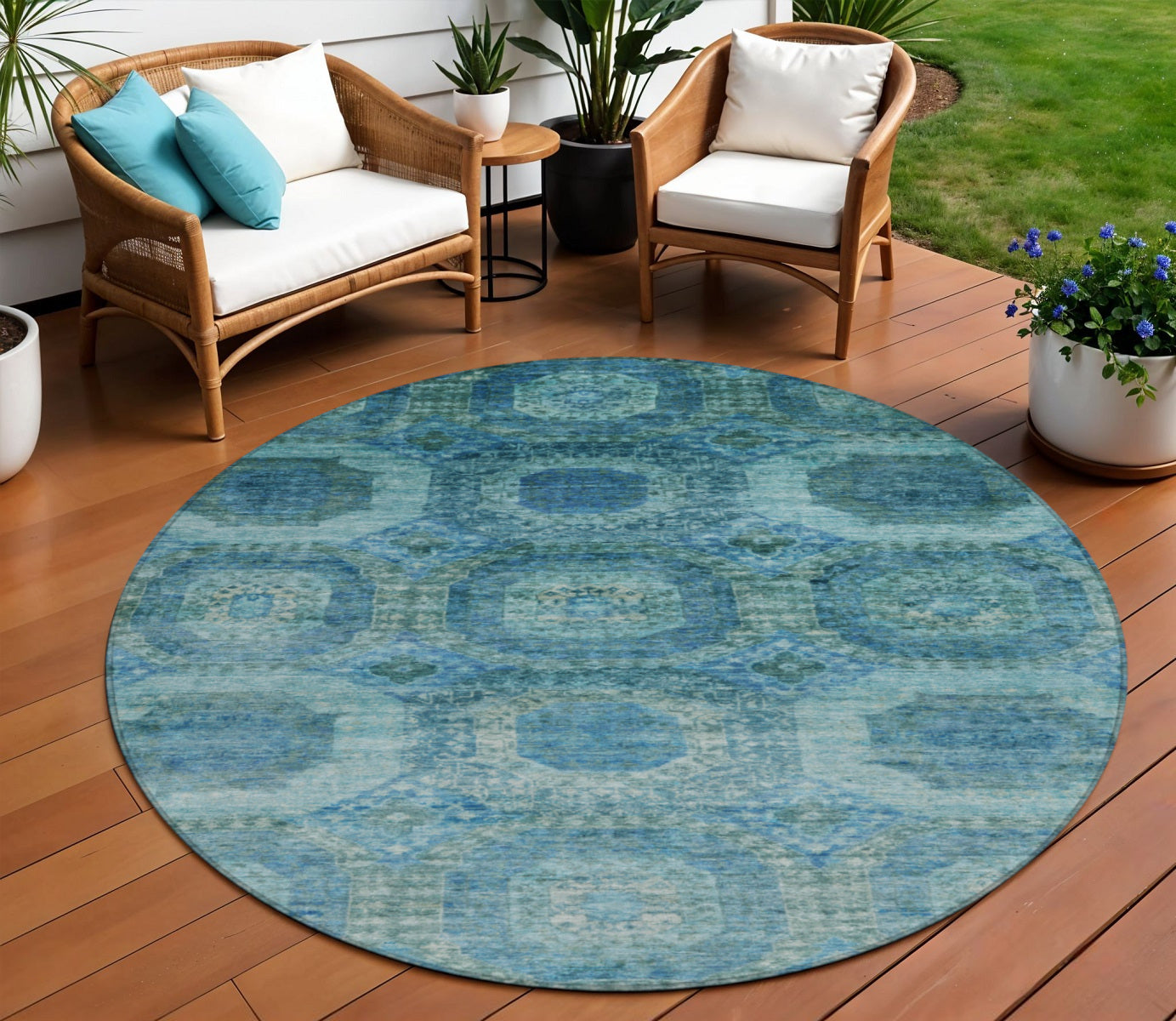 8 Blue And Ivory Round Medallion Washable Indoor Outdoor Area Rug