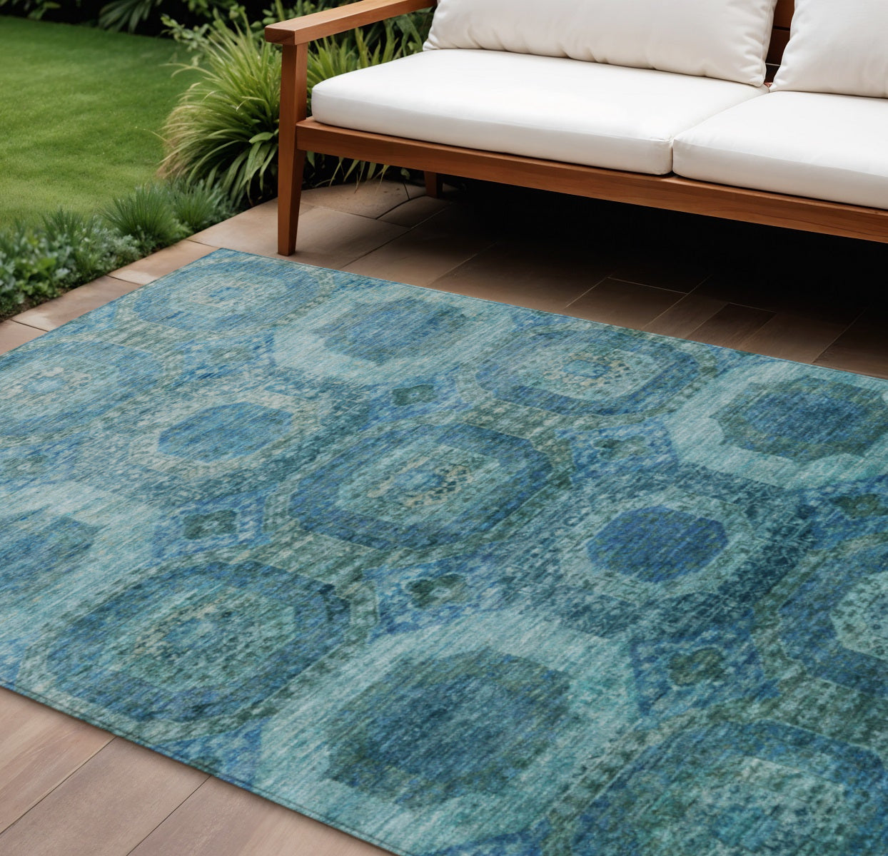 10 X 14 Blue And Ivory Medallion Washable Indoor Outdoor Area Rug