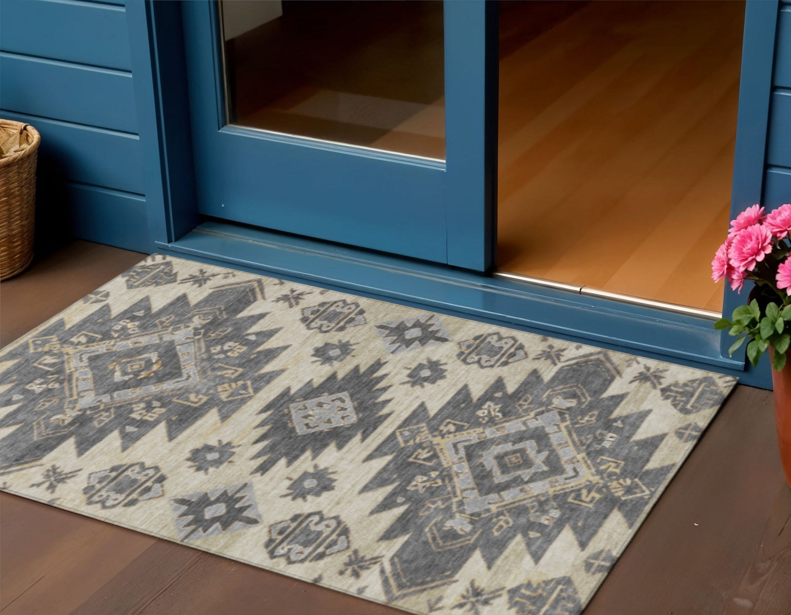 3 X 5 Beige And Gray Tribal Washable Indoor Outdoor Area Rug