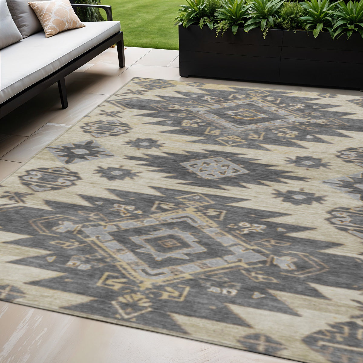 5 X 8 Beige And Gray Tribal Washable Indoor Outdoor Area Rug