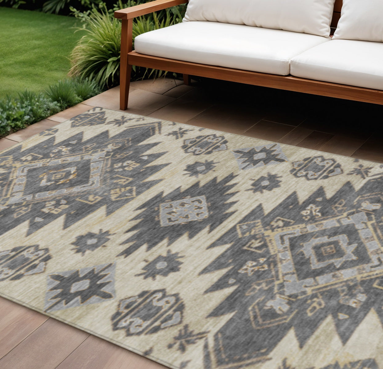 10 X 14 Beige And Gray Tribal Washable Indoor Outdoor Area Rug