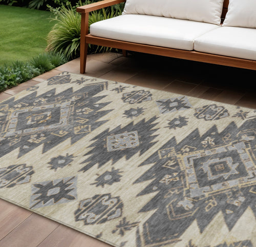10 X 14 Beige And Gray Tribal Washable Indoor Outdoor Area Rug
