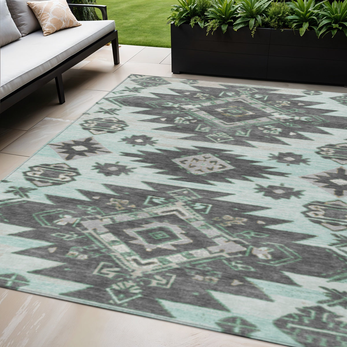 5 X 8 Mint Green And Charcoal Tribal Washable Indoor Outdoor Area Rug