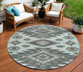 8 Mint Green And Charcoal Round Tribal Washable Indoor Outdoor Area Rug